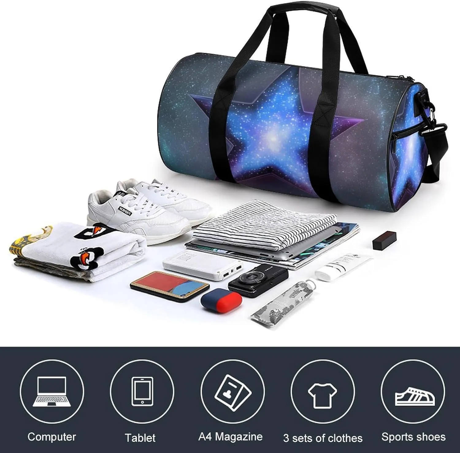 Sports Gym Bag for Women Men Travel Duffel Bag Tote Weekender Bag Stars Carry on Overnight Bag for Travel Swimming Fitness Workout Sports Duffle Bag