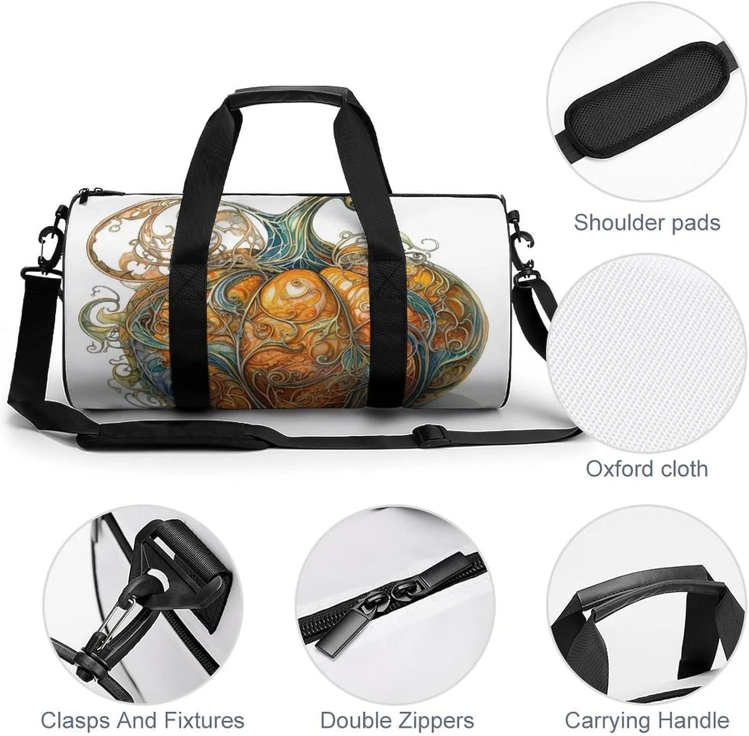 Sports Gym Bag for Women Men Travel Duffel Bag Tote Weekender Bag Swirl Pumpkin Carry on Overnight Bag for Travel Swimming Fitness Workout Sports Duffle Bag