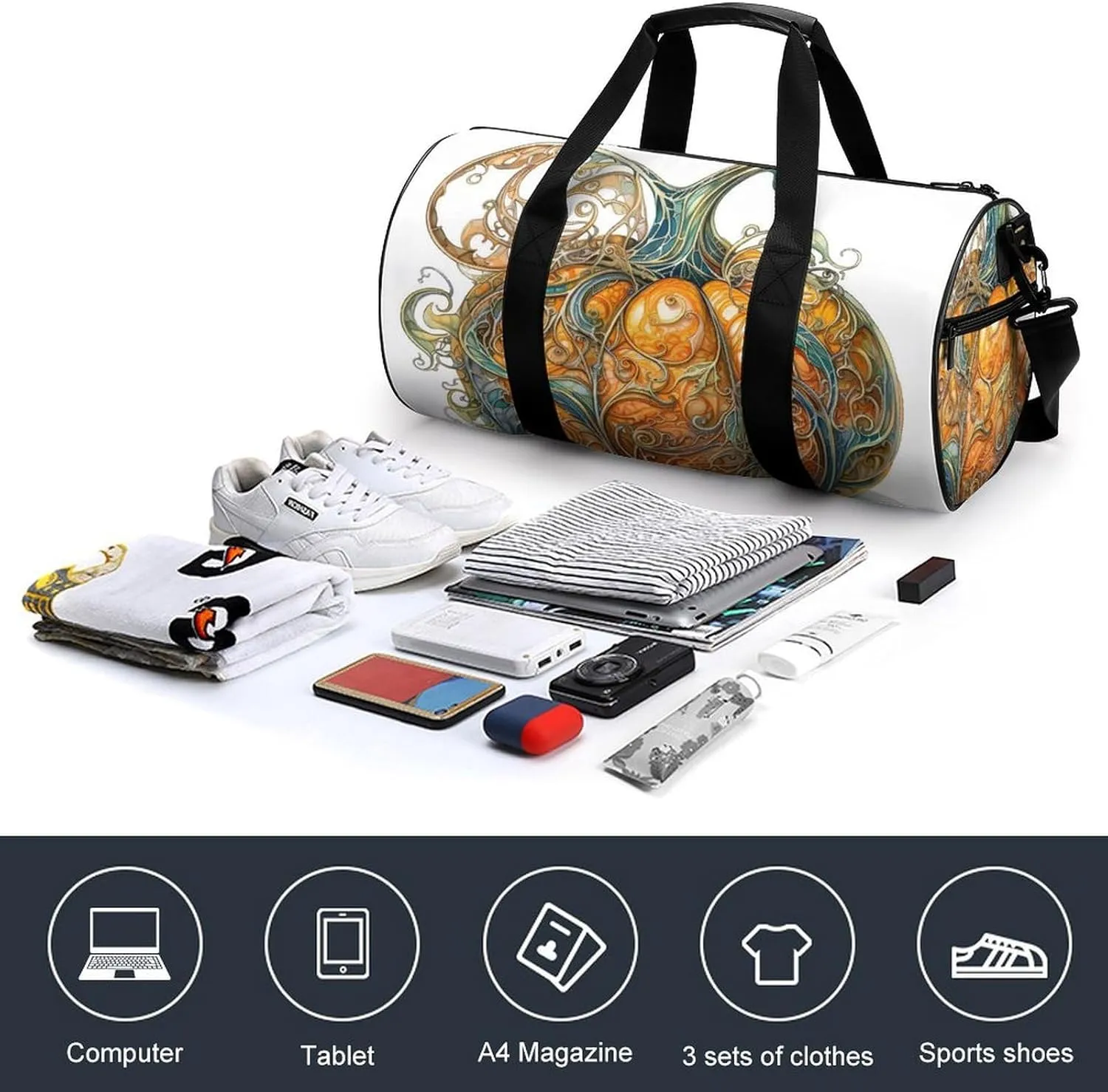 Sports Gym Bag for Women Men Travel Duffel Bag Tote Weekender Bag Swirl Pumpkin Carry on Overnight Bag for Travel Swimming Fitness Workout Sports Duffle Bag