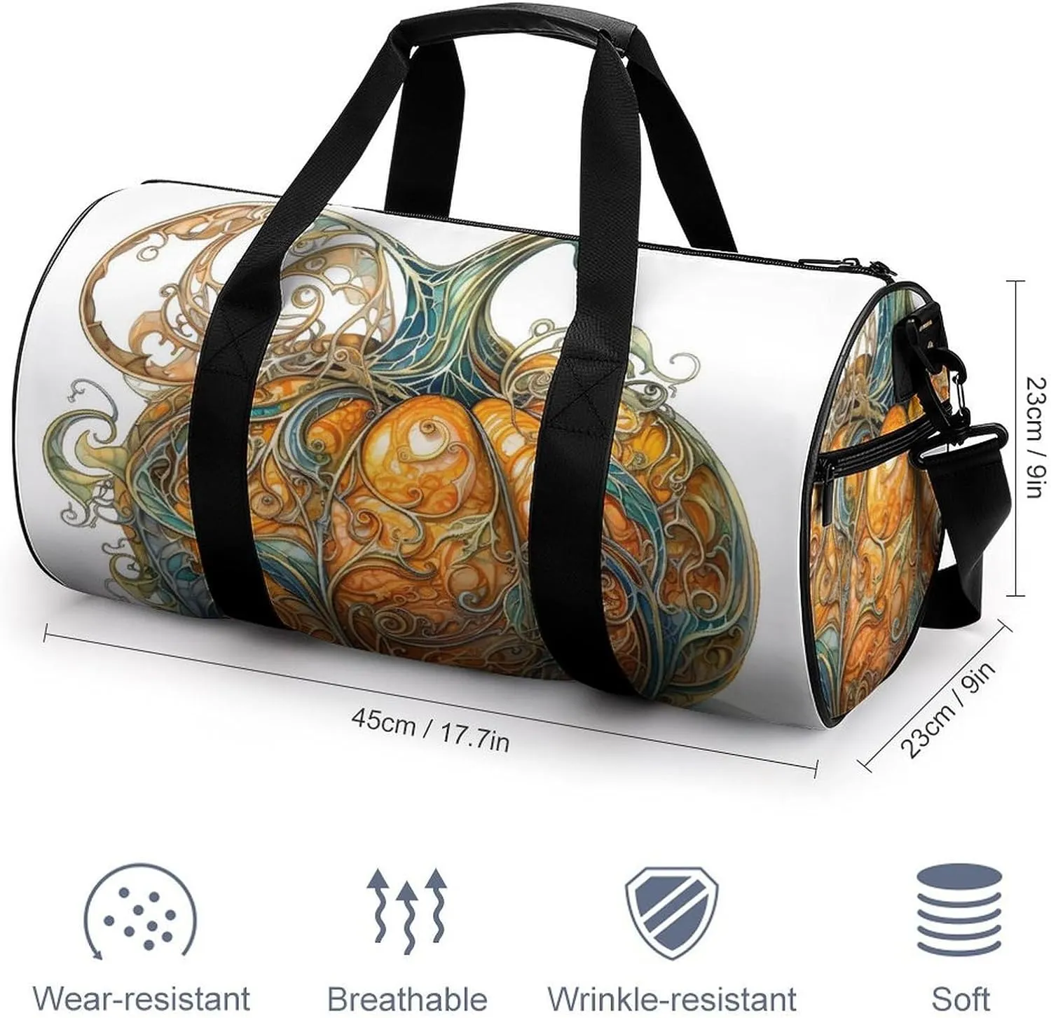 Sports Gym Bag for Women Men Travel Duffel Bag Tote Weekender Bag Swirl Pumpkin Carry on Overnight Bag for Travel Swimming Fitness Workout Sports Duffle Bag