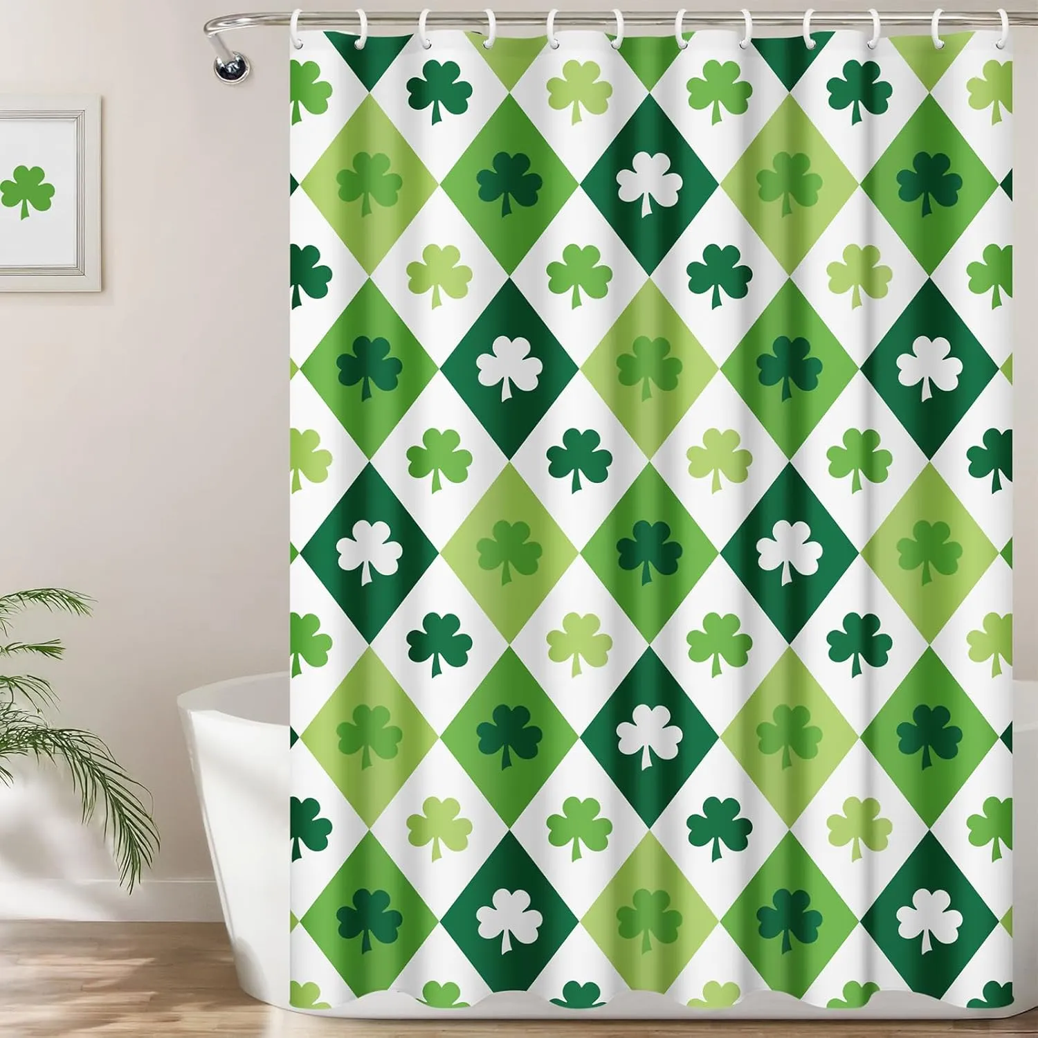 St Patrick's Day Shower Curtain: Diamond Check Shamrock St Patrick's Day Shower Curtain, Green Lucky Clovers Waterproof Shower Curtain Sets, Irish Decorations for Bathroom Home Indoor Decor, 72" x 72"