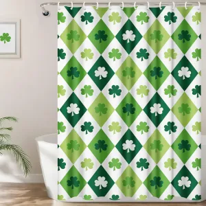 St Patrick's Day Shower Curtain: Diamond Check Shamrock St Patrick's Day Shower Curtain, Green Lucky Clovers Waterproof Shower Curtain Sets, Irish Decorations for Bathroom Home Indoor Decor, 72" x 72"