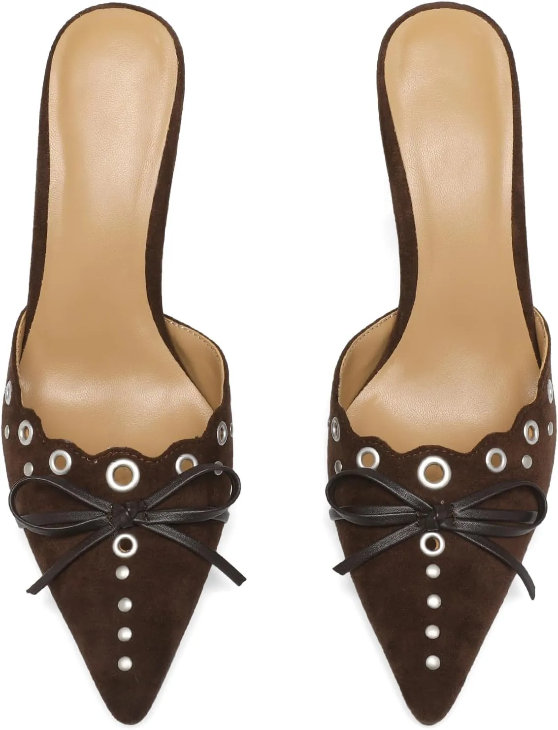 Studded Heeled Mules for Women Suede Slip On Bow Tie Pumps Shoes Backless Stiletto Heels Pointed Toe Dress Slide Sandals