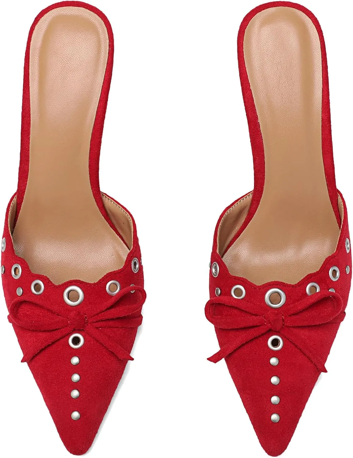 Studded Heeled Mules for Women Suede Slip On Bow Tie Pumps Shoes Backless Stiletto Heels Pointed Toe Dress Slide Sandals