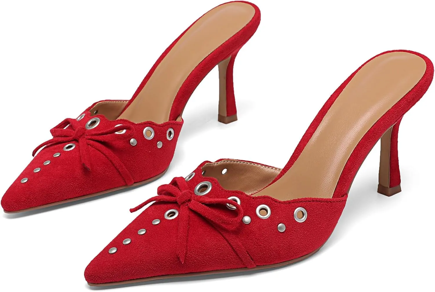Studded Heeled Mules for Women Suede Slip On Bow Tie Pumps Shoes Backless Stiletto Heels Pointed Toe Dress Slide Sandals