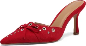 Studded Heeled Mules for Women Suede Slip On Bow Tie Pumps Shoes Backless Stiletto Heels Pointed Toe Dress Slide Sandals
