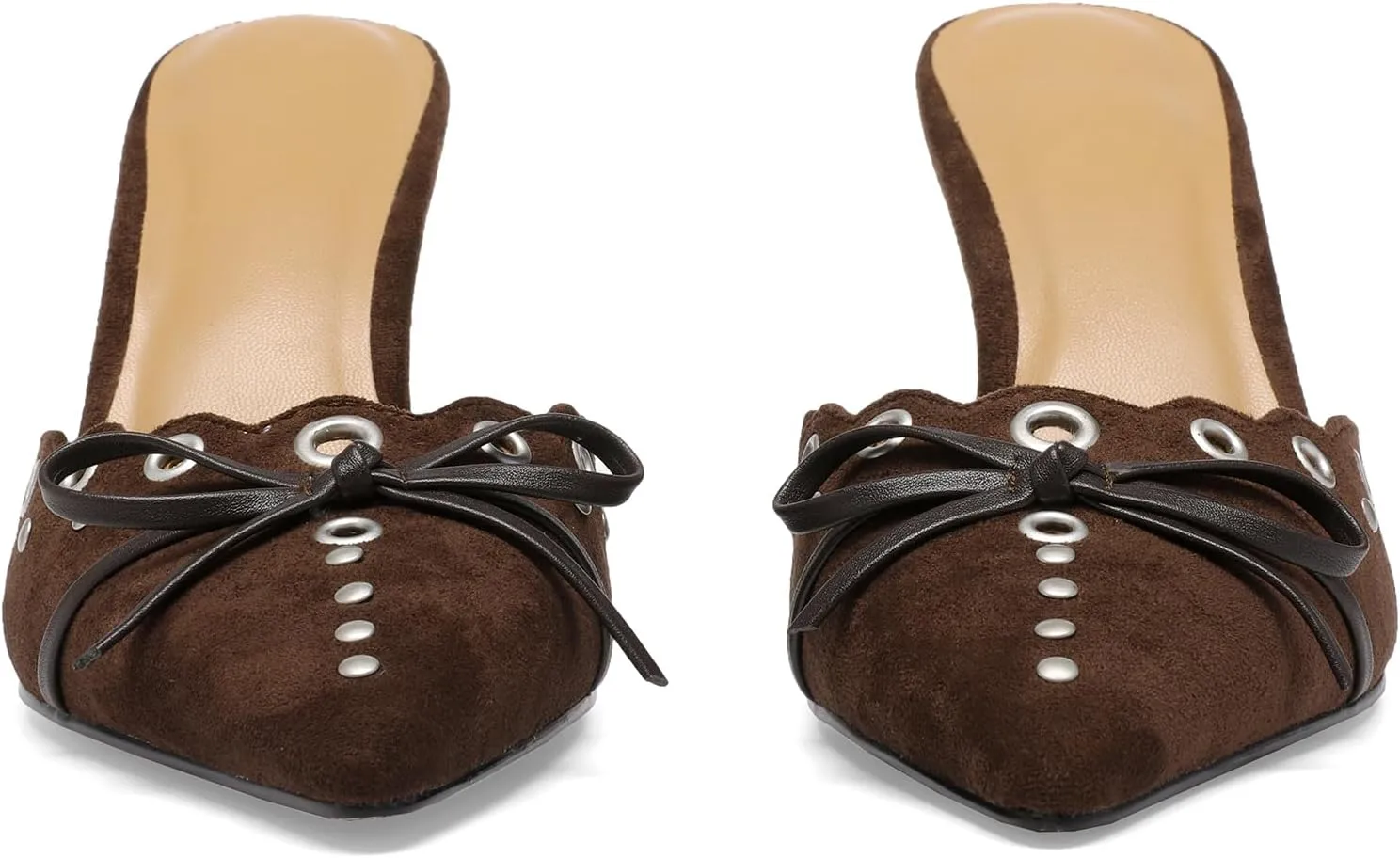 Studded Heeled Mules for Women Suede Slip On Bow Tie Pumps Shoes Backless Stiletto Heels Pointed Toe Dress Slide Sandals