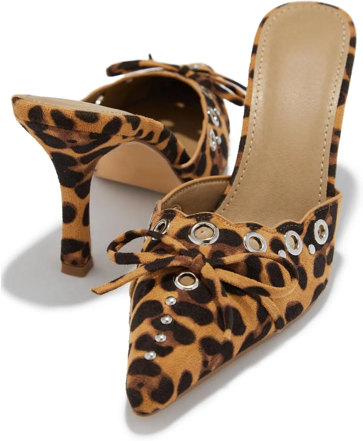 Studded Heeled Mules for Women Suede Slip On Bow Tie Pumps Shoes Backless Stiletto Heels Pointed Toe Dress Slide Sandals