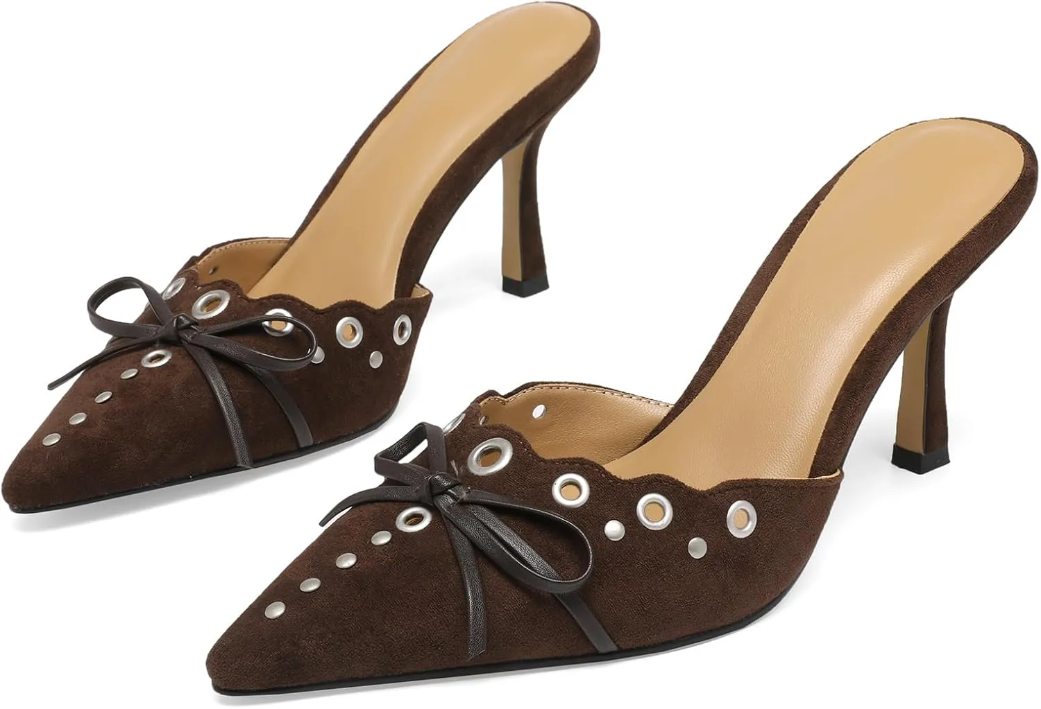 Studded Heeled Mules for Women Suede Slip On Bow Tie Pumps Shoes Backless Stiletto Heels Pointed Toe Dress Slide Sandals