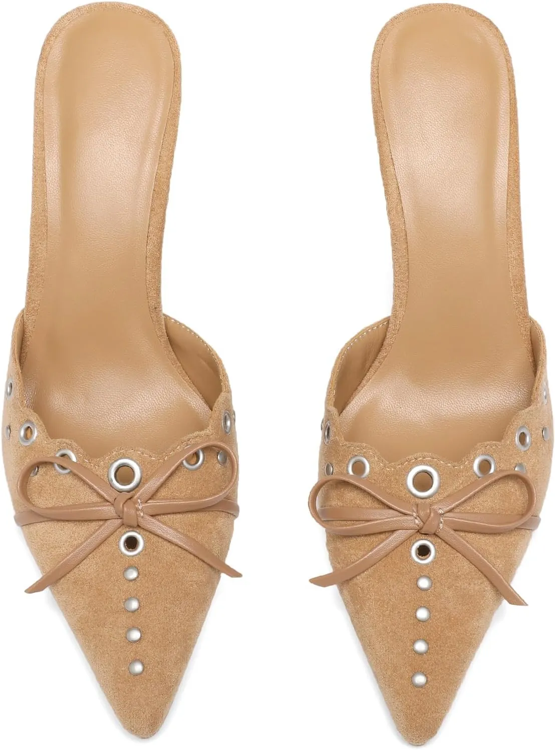 Studded Heeled Mules for Women Suede Slip On Bow Tie Pumps Shoes Backless Stiletto Heels Pointed Toe Dress Slide Sandals