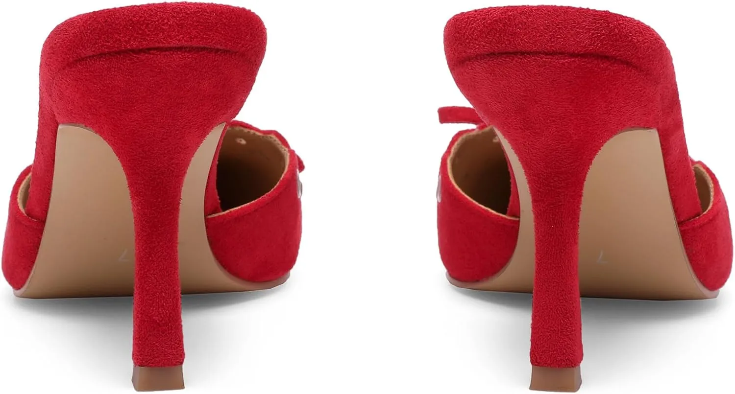 Studded Heeled Mules for Women Suede Slip On Bow Tie Pumps Shoes Backless Stiletto Heels Pointed Toe Dress Slide Sandals