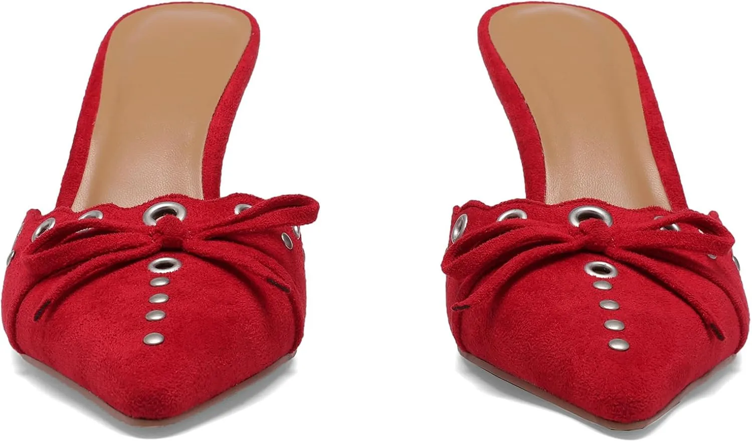 Studded Heeled Mules for Women Suede Slip On Bow Tie Pumps Shoes Backless Stiletto Heels Pointed Toe Dress Slide Sandals