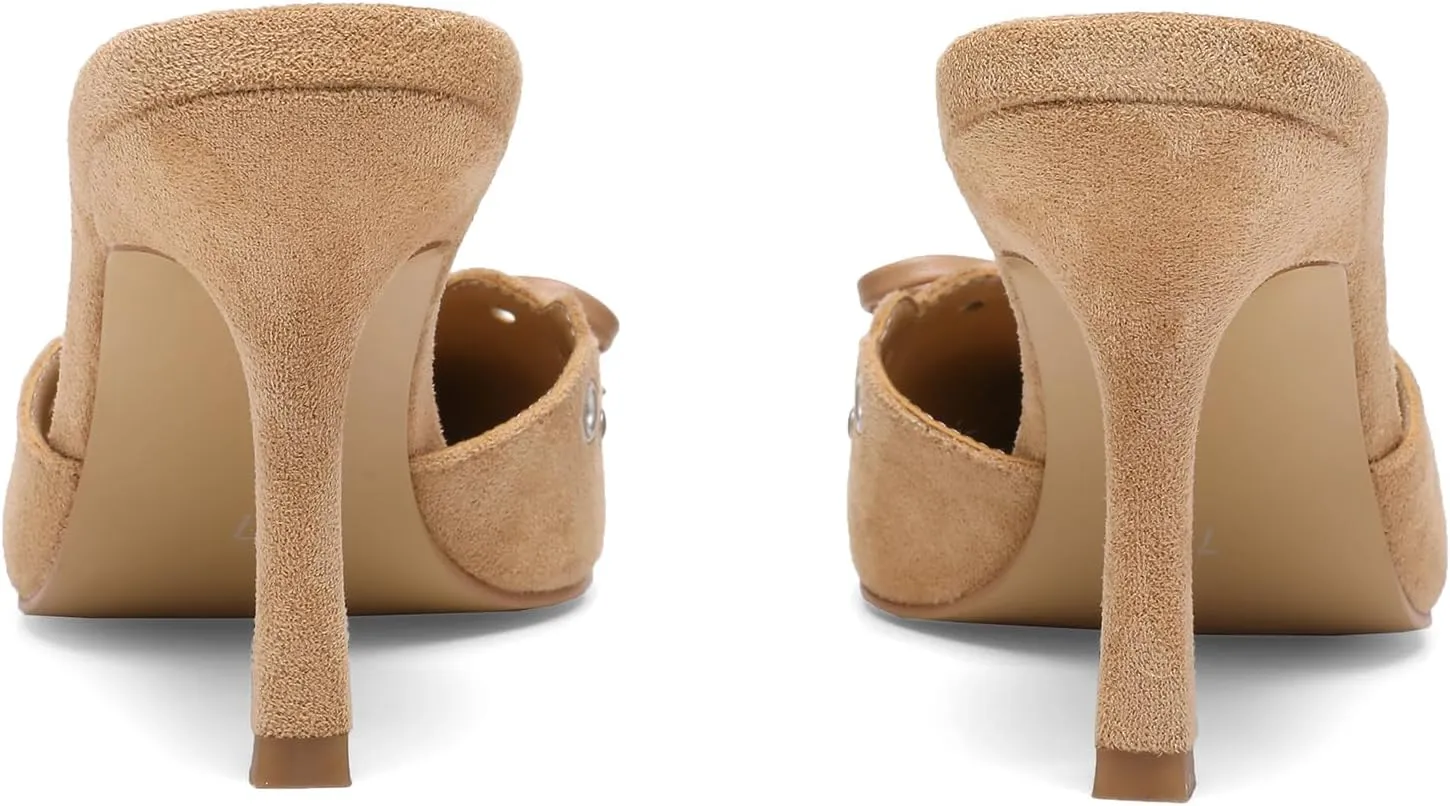 Studded Heeled Mules for Women Suede Slip On Bow Tie Pumps Shoes Backless Stiletto Heels Pointed Toe Dress Slide Sandals