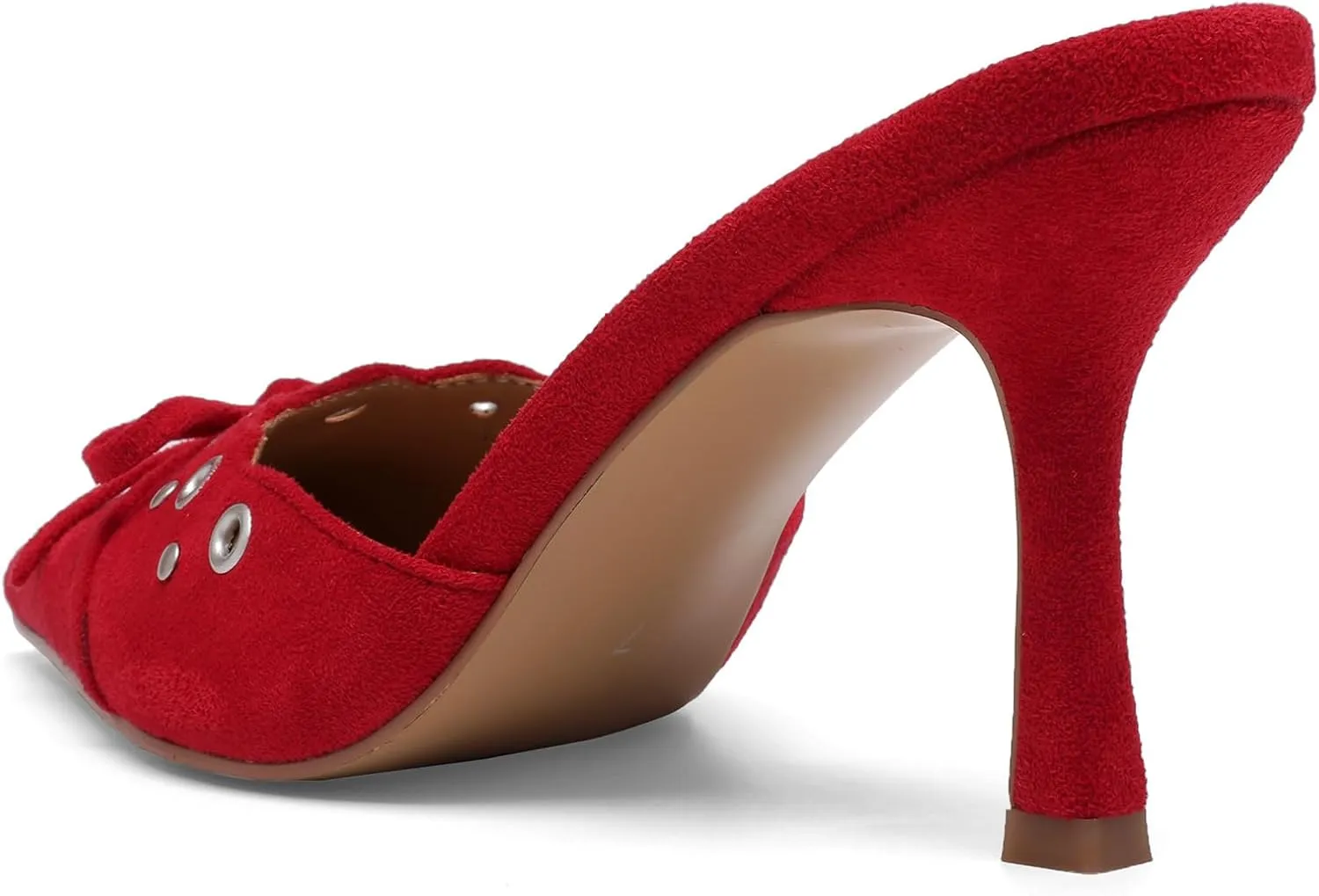 Studded Heeled Mules for Women Suede Slip On Bow Tie Pumps Shoes Backless Stiletto Heels Pointed Toe Dress Slide Sandals