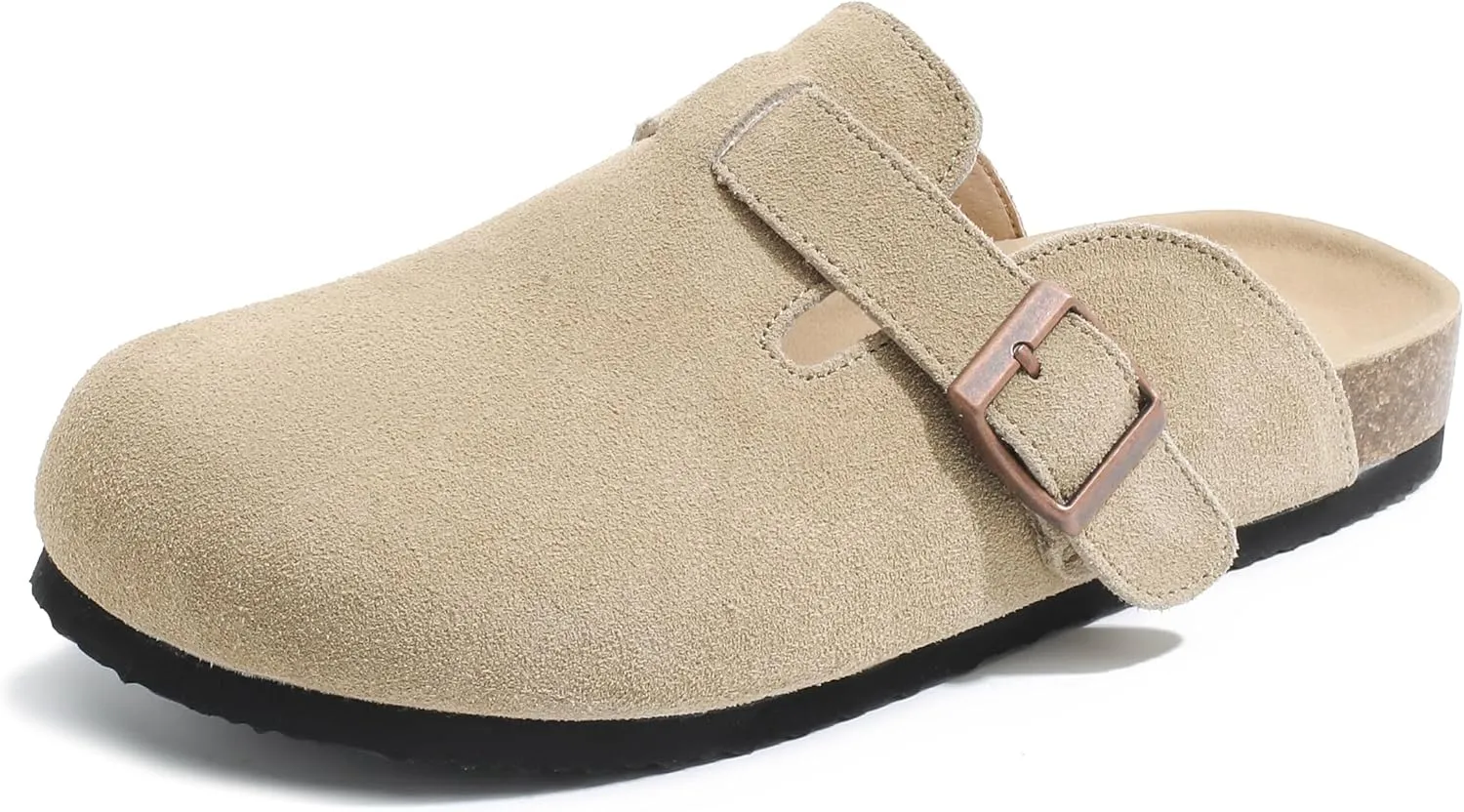Suede Clogs for Women Leather Mules with Cork Footbed Arch Support Potato Shoes Men Womens Slip-On Clog with Adjustable Buckle Unisex Slippers Flats