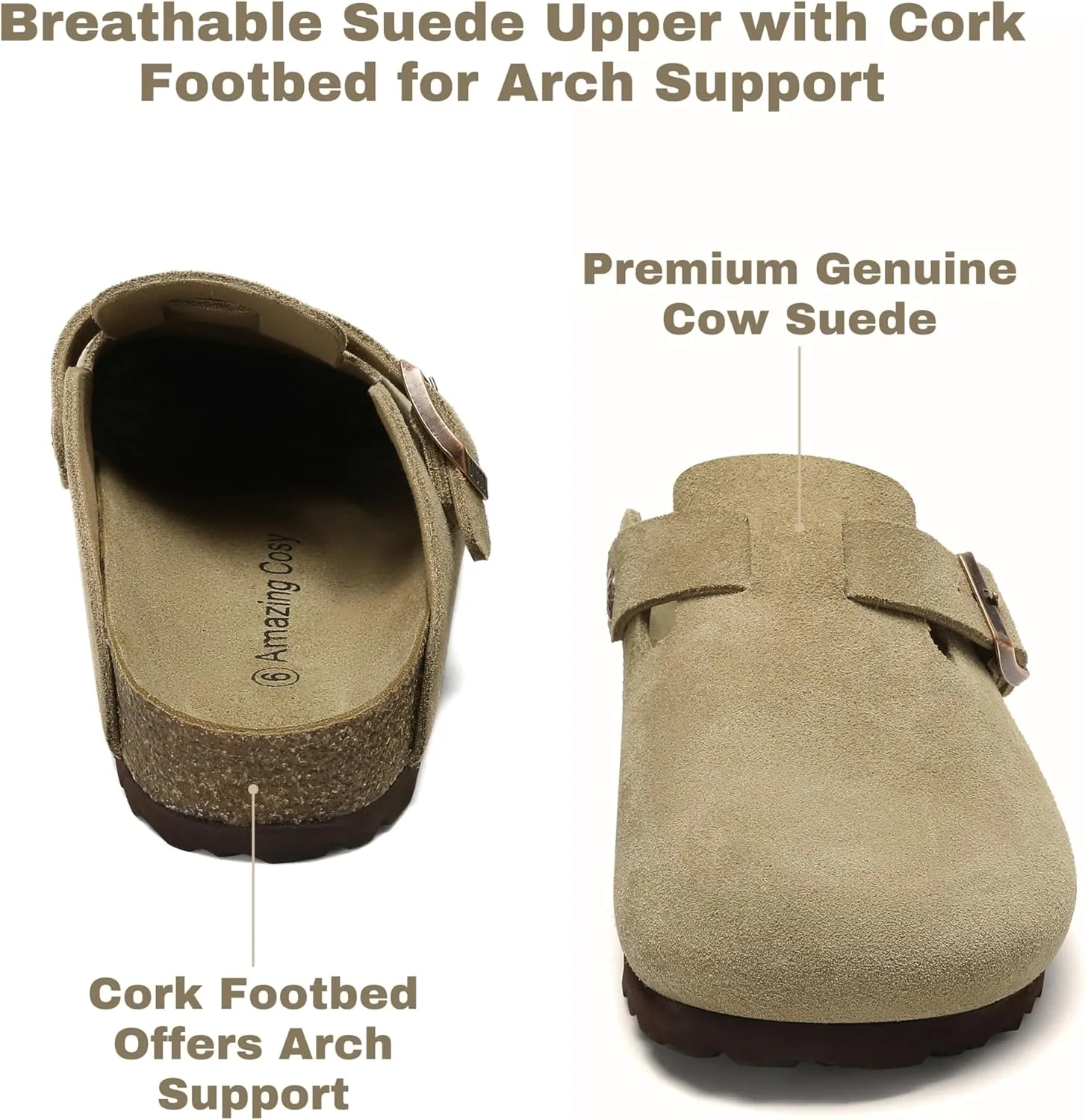 Suede Clogs for Women Men, Slip On Knock Off Boston Slippers Closed Toe with Cork Footbed and Arch Support, Indoor Outdoor Comfortable Mules