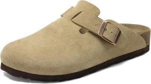 Suede Clogs for Women Men, Slip On Knock Off Boston Slippers Closed Toe with Cork Footbed and Arch Support, Indoor Outdoor Comfortable Mules