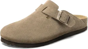Suede Clogs for Women Men, Slip On Knock Off Boston Slippers Closed Toe with Cork Footbed and Arch Support, Indoor Outdoor Comfortable Mules