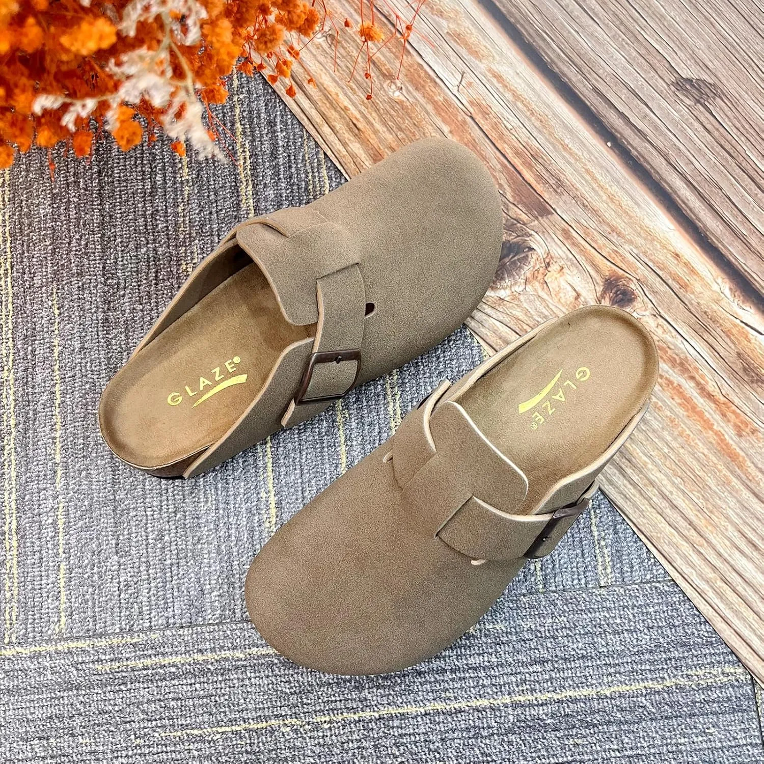 Suede Clogs for Women Slip-On Buckle Leather Mules Cork Footbed Sandals Potato Shoes with Arch Support