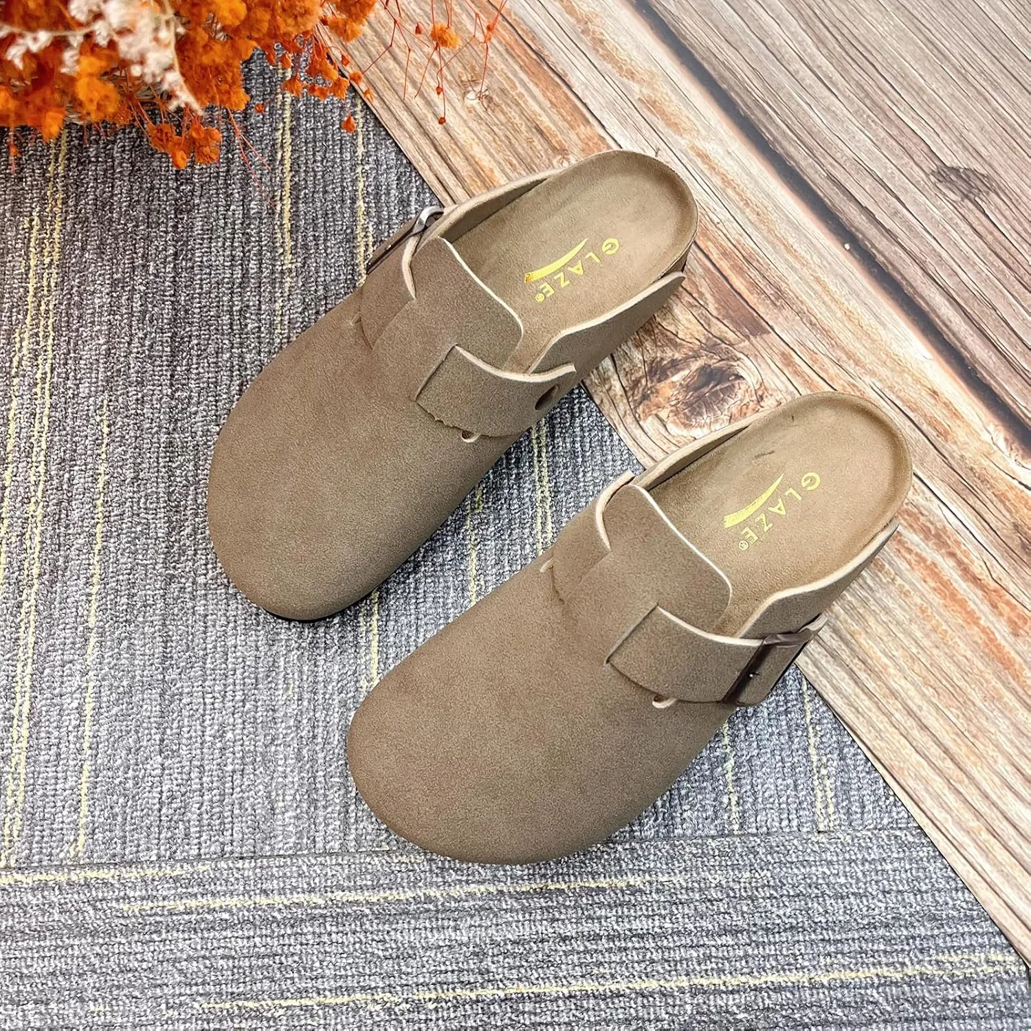 Suede Clogs for Women Slip-On Buckle Leather Mules Cork Footbed Sandals Potato Shoes with Arch Support