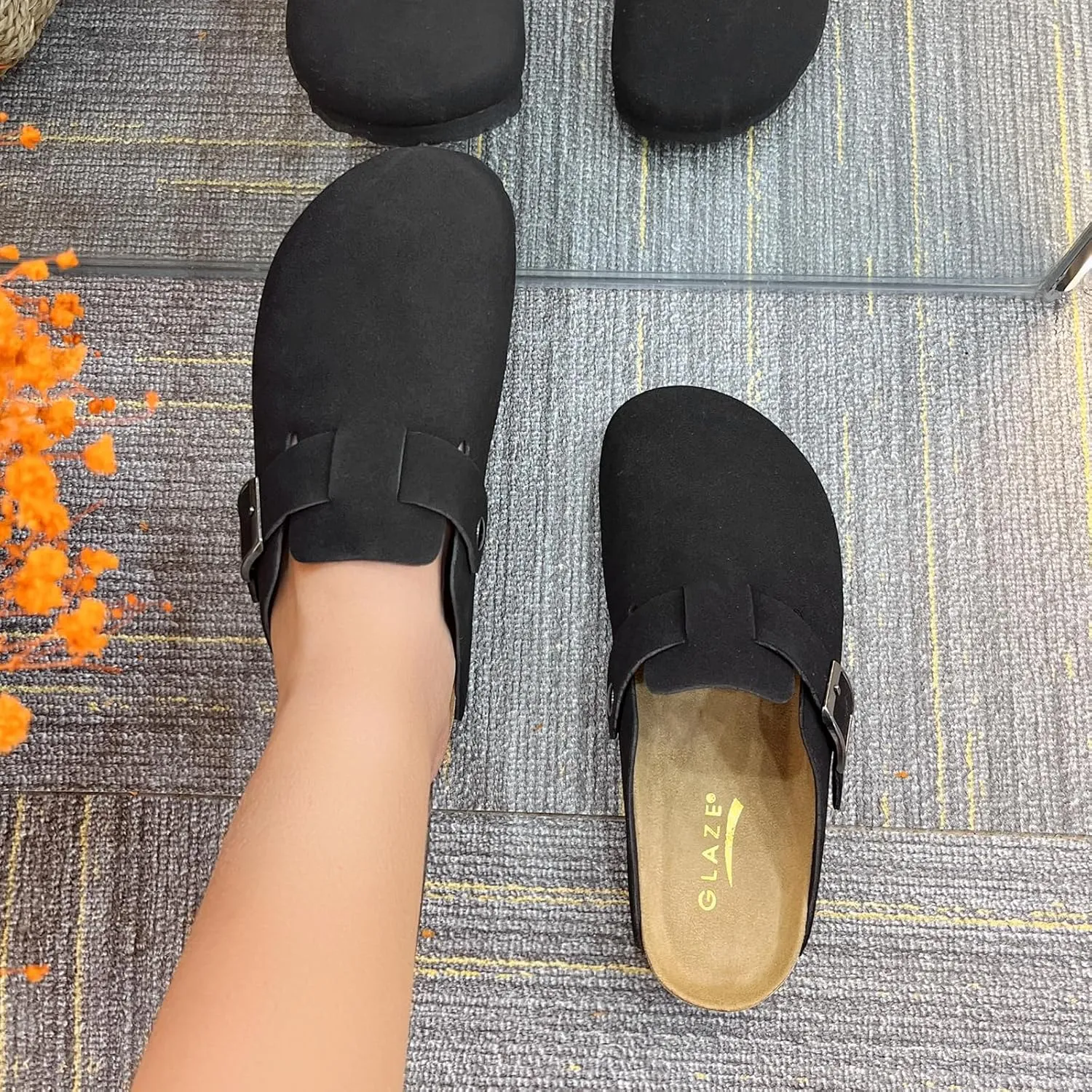 Suede Clogs for Women Slip-On Buckle Leather Mules Cork Footbed Sandals Potato Shoes with Arch Support