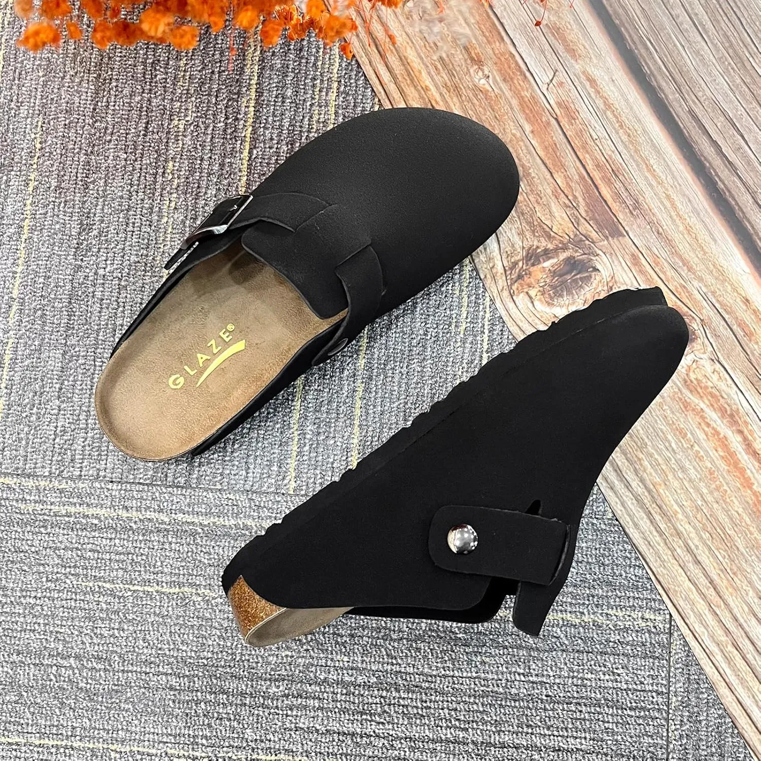 Suede Clogs for Women Slip-On Buckle Leather Mules Cork Footbed Sandals Potato Shoes with Arch Support