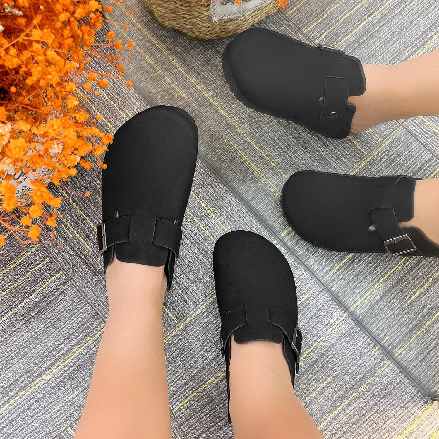 Suede Clogs for Women Slip-On Buckle Leather Mules Cork Footbed Sandals Potato Shoes with Arch Support