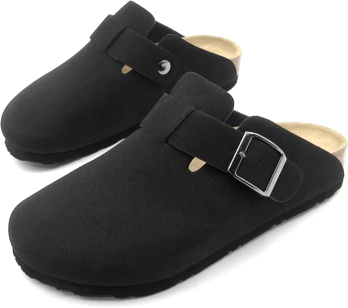 Suede Clogs for Women Slip-On Buckle Leather Mules Cork Footbed Sandals Potato Shoes with Arch Support