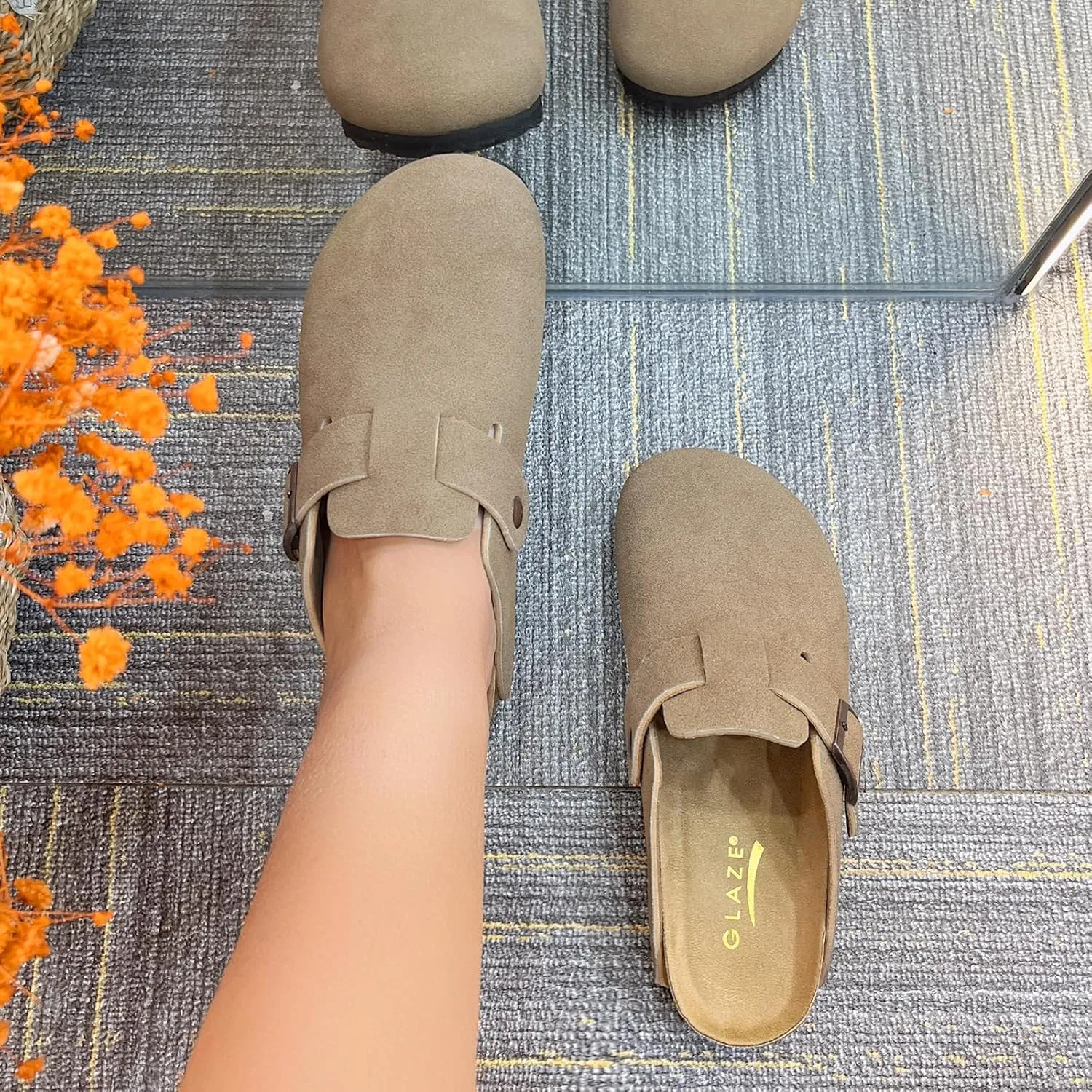 Suede Clogs for Women Slip-On Buckle Leather Mules Cork Footbed Sandals Potato Shoes with Arch Support