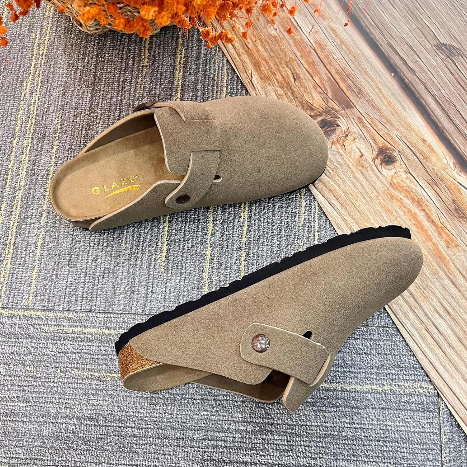 Suede Clogs for Women Slip-On Buckle Leather Mules Cork Footbed Sandals Potato Shoes with Arch Support