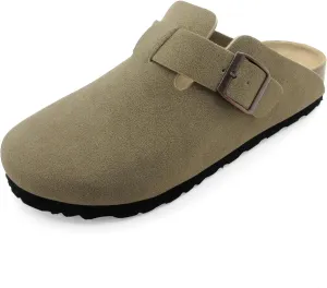 Suede Clogs for Women Slip-On Buckle Leather Mules Cork Footbed Sandals Potato Shoes with Arch Support