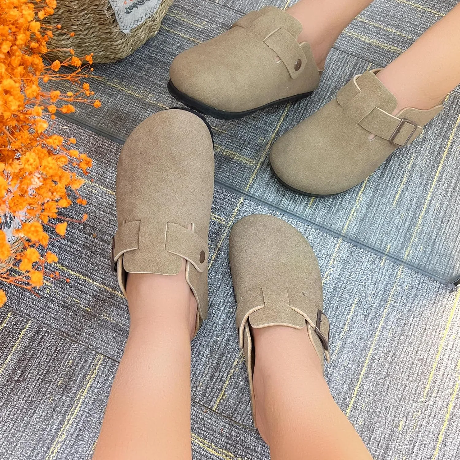 Suede Clogs for Women Slip-On Buckle Leather Mules Cork Footbed Sandals Potato Shoes with Arch Support