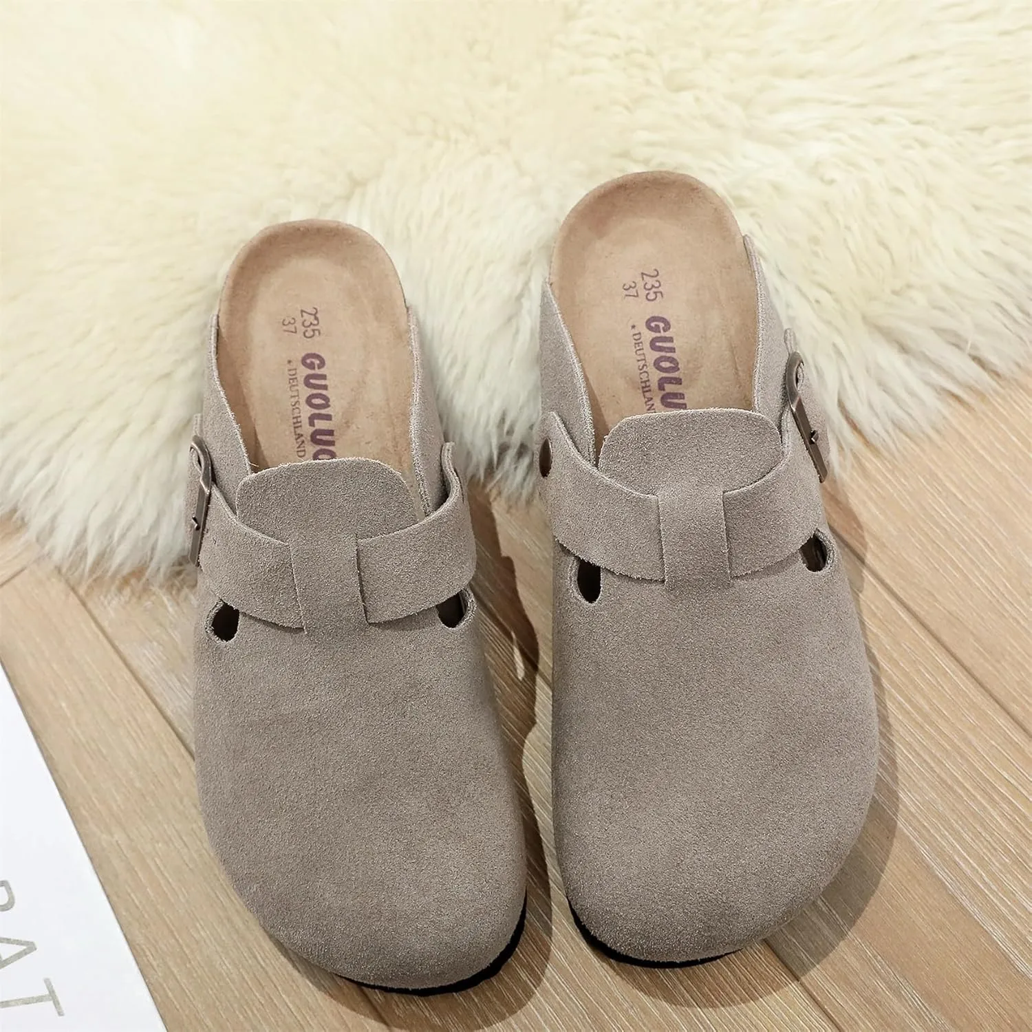 Suede Clogs for Womens Leather Mules Cork Footbed Slippers Potato Shoes with Arch Support