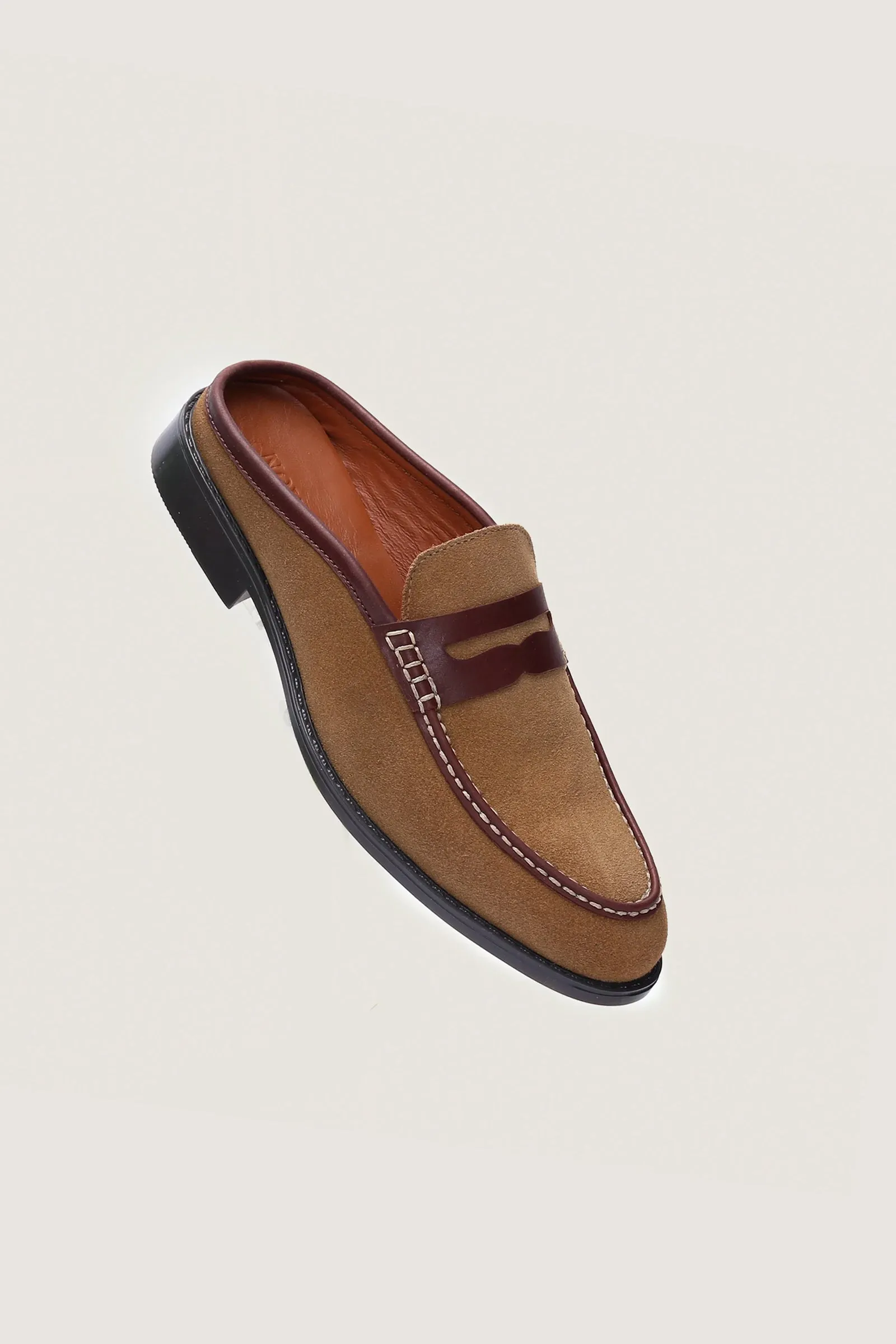 Suede Leather Penny Mules with Rubber Sole