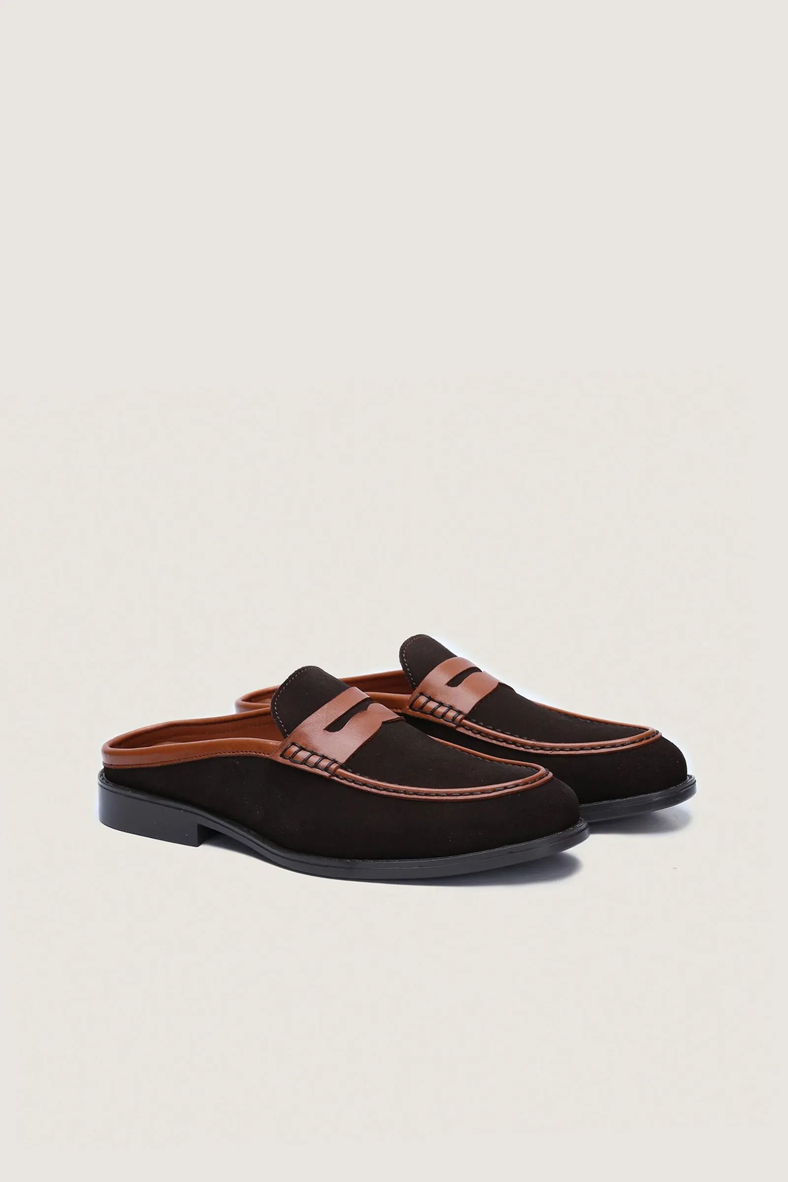 Suede Leather Penny Mules with Rubber Sole