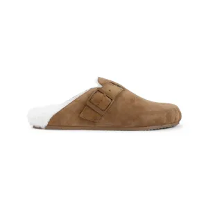 Suede Mules With Plush Fur Lining And Buckle Detail