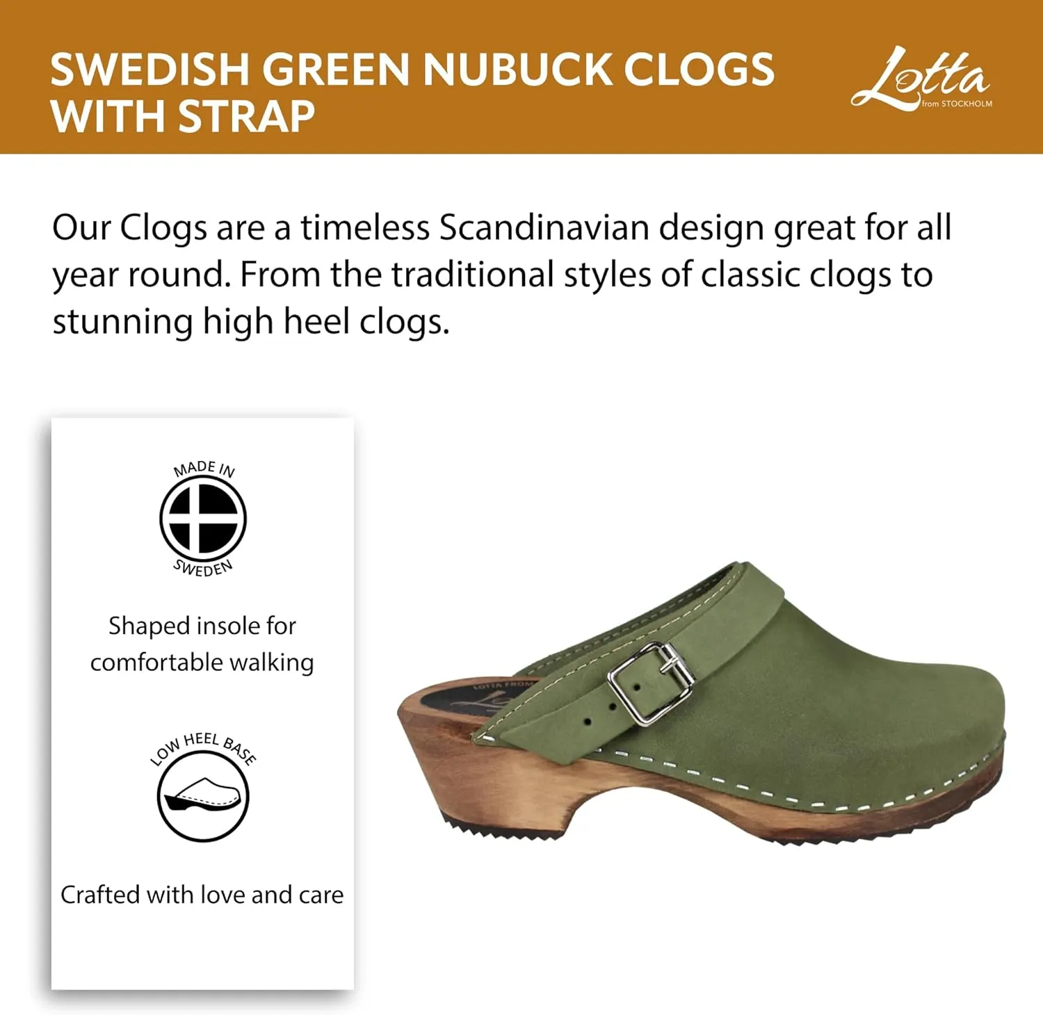Swedish Classic Clog with Buckled Strap for Women | Low Heel Slip-on Stylish & Comfortable Shoes | Supportive Brown Alder Wood Base and Oiled Nubuck Leather | Green