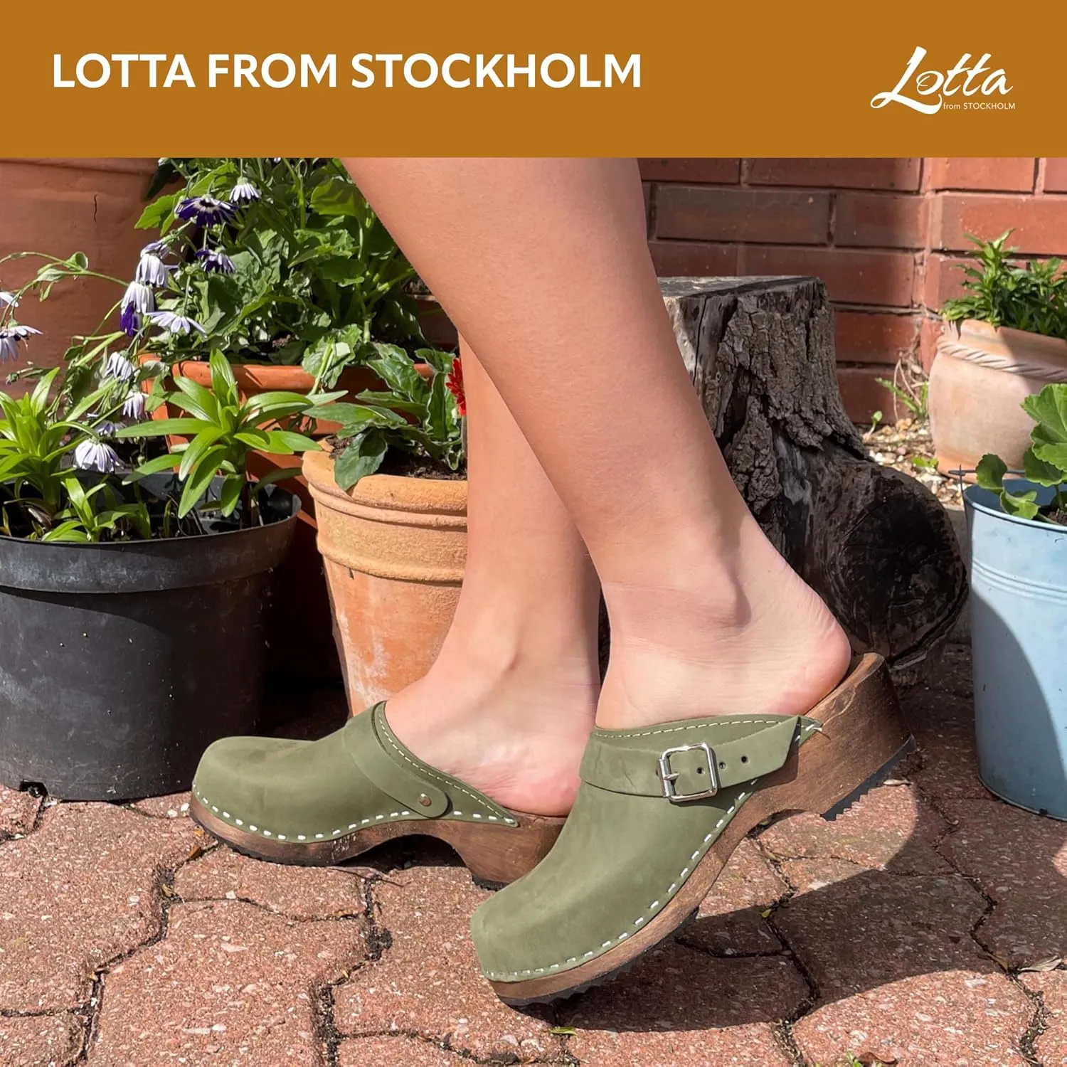 Swedish Classic Clog with Buckled Strap for Women | Low Heel Slip-on Stylish & Comfortable Shoes | Supportive Brown Alder Wood Base and Oiled Nubuck Leather | Green