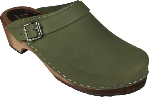 Swedish Classic Clog with Buckled Strap for Women | Low Heel Slip-on Stylish & Comfortable Shoes | Supportive Brown Alder Wood Base and Oiled Nubuck Leather | Green