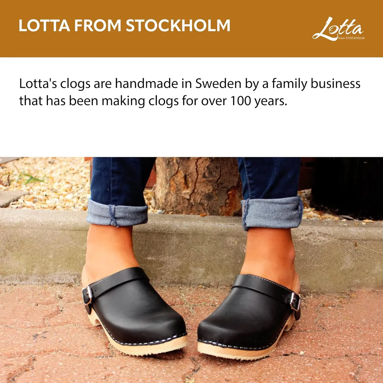Swedish Classic Clog with Buckled Strap for Women | Low Heel Slip-on Wooden Clogs Made in Sweden | Supportive Alder Wood Base and Genuine Leather | Black