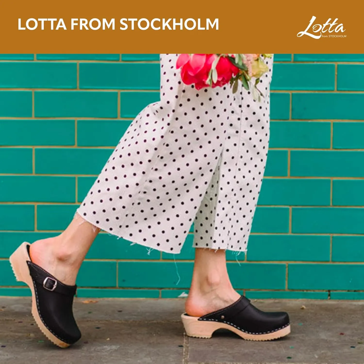 Swedish Classic Clog with Buckled Strap for Women | Low Heel Slip-on Wooden Clogs Made in Sweden | Supportive Alder Wood Base and Genuine Leather | Black