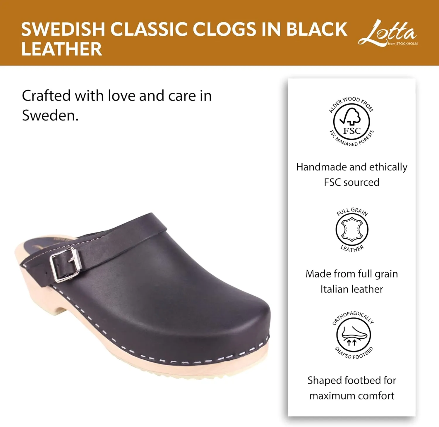 Swedish Classic Clog with Buckled Strap for Women | Low Heel Slip-on Wooden Clogs Made in Sweden | Supportive Alder Wood Base and Genuine Leather | Black