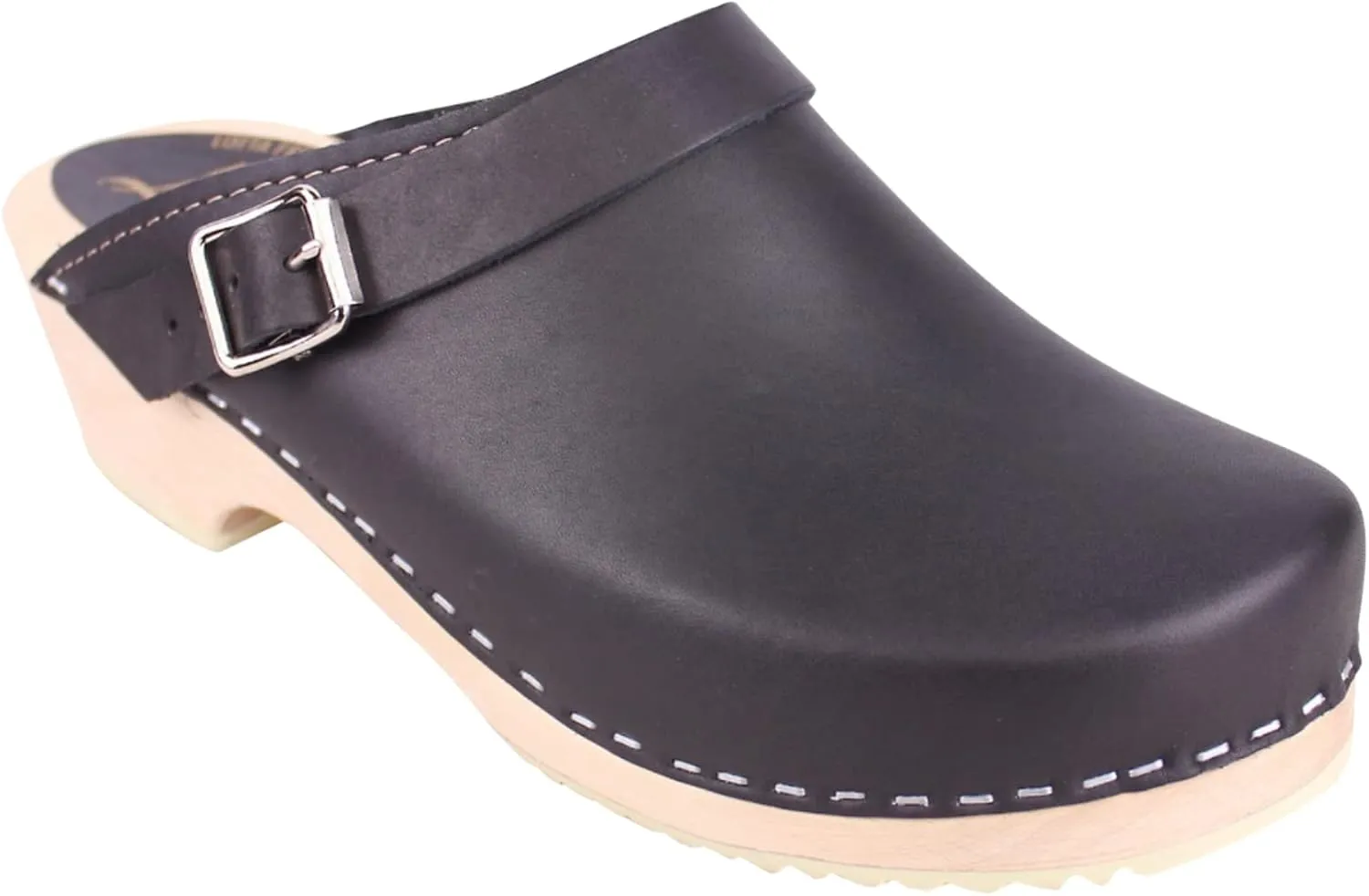 Swedish Classic Clog with Buckled Strap for Women | Low Heel Slip-on Wooden Clogs Made in Sweden | Supportive Alder Wood Base and Genuine Leather | Black