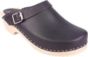 Swedish Classic Clog with Buckled Strap for Women | Low Heel Slip-on Wooden Clogs Made in Sweden | Supportive Alder Wood Base and Genuine Leather | Black