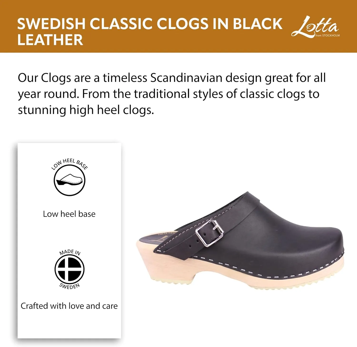 Swedish Classic Clog with Buckled Strap for Women | Low Heel Slip-on Wooden Clogs Made in Sweden | Supportive Alder Wood Base and Genuine Leather | Black
