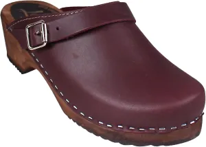 Swedish Classic Clog with Strap for Women | Slip-on Stylish & Comfortable Shoes with Buckle Made in Sweden | Brown Wood Base and Genuine Leather | Aubergine