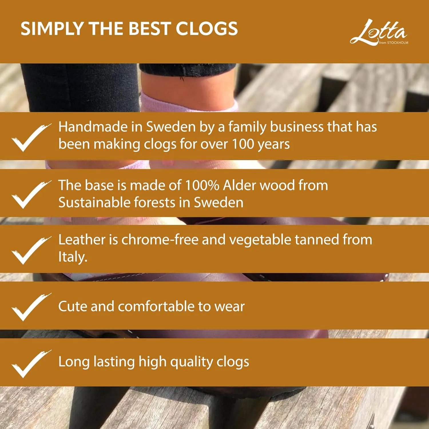 Swedish Classic Clog with Strap for Women | Slip-on Stylish & Comfortable Shoes with Buckle Made in Sweden | Brown Wood Base and Genuine Leather | Aubergine