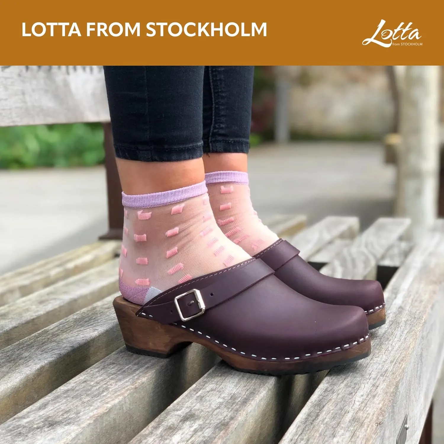 Swedish Classic Clog with Strap for Women | Slip-on Stylish & Comfortable Shoes with Buckle Made in Sweden | Brown Wood Base and Genuine Leather | Aubergine