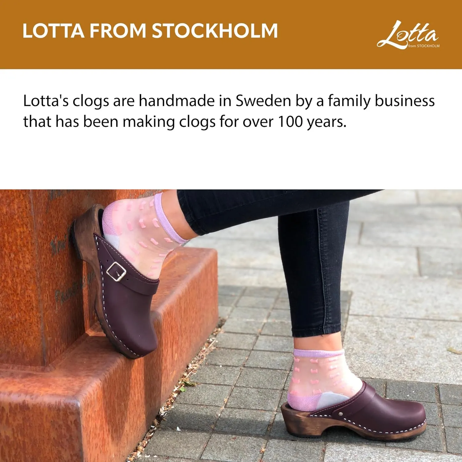 Swedish Classic Clog with Strap for Women | Slip-on Stylish & Comfortable Shoes with Buckle Made in Sweden | Brown Wood Base and Genuine Leather | Aubergine