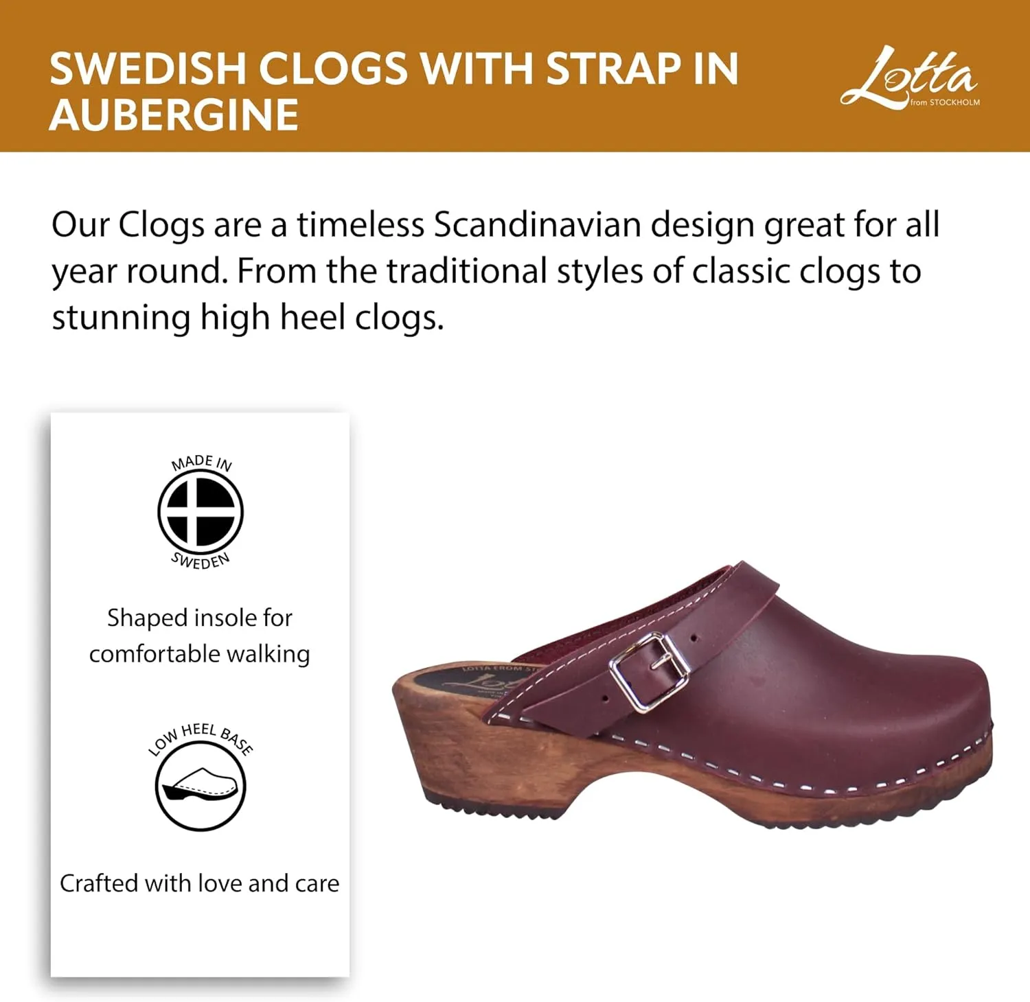 Swedish Classic Clog with Strap for Women | Slip-on Stylish & Comfortable Shoes with Buckle Made in Sweden | Brown Wood Base and Genuine Leather | Aubergine